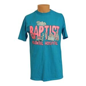 Vintage Hanes Beefy Turquoise Yellow Baptist Memorial Single Stitch TShirt Large